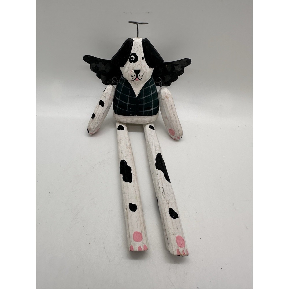 Hand Painted Wooden Dog Angel Ornament Primitive Folk Art‎ Christmas Decor